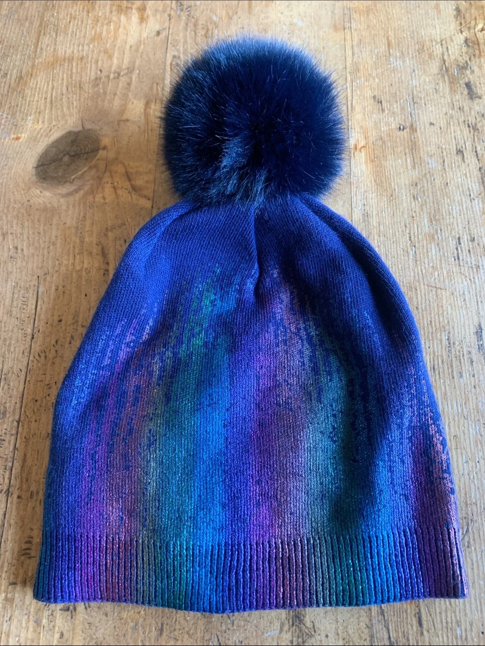 Adrienne Landau Womens Iridescent Navy Beanie with Pom